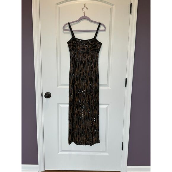 Oleg Cassini Black Tie Black and Tan 100% Silk Beaded Maxi Dress Gown Size 2 - Picture 2 of 8